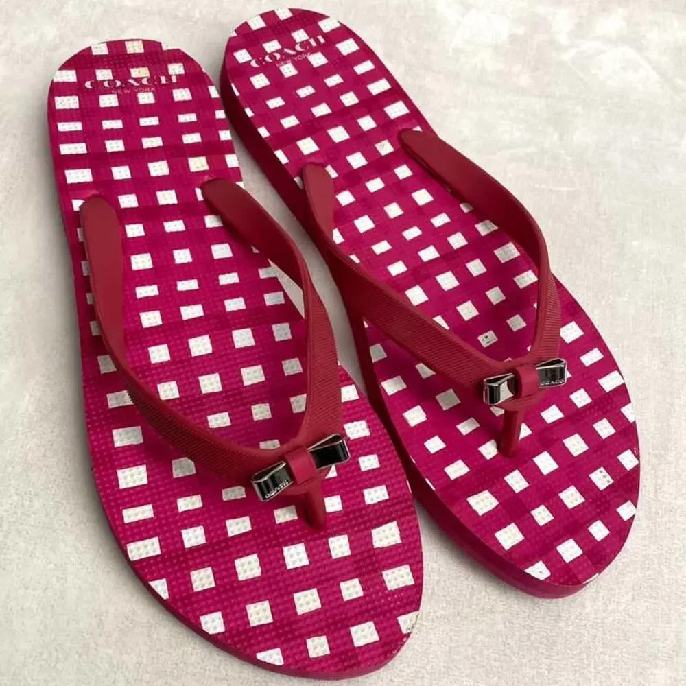 Coachs Women's Pink Plaid Bow Accented Flip Flop Sandals Gingham Sz 9